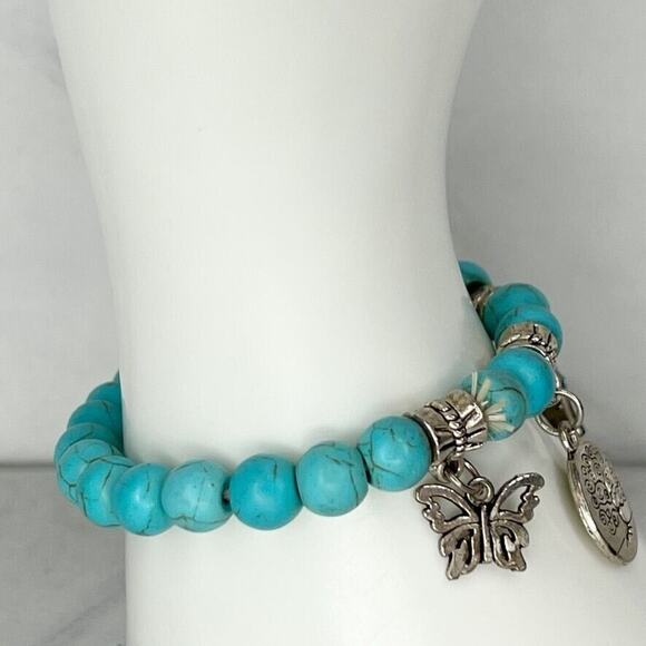 Silver Tone Butterfly Hamsa Tree Faux Turquoise Beaded Stretch Bracelet - Picture 6 of 6